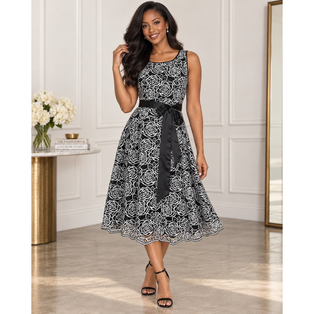 White House Black Market Dress 12 Black White Floral Lace Fit Flare Midi Sash